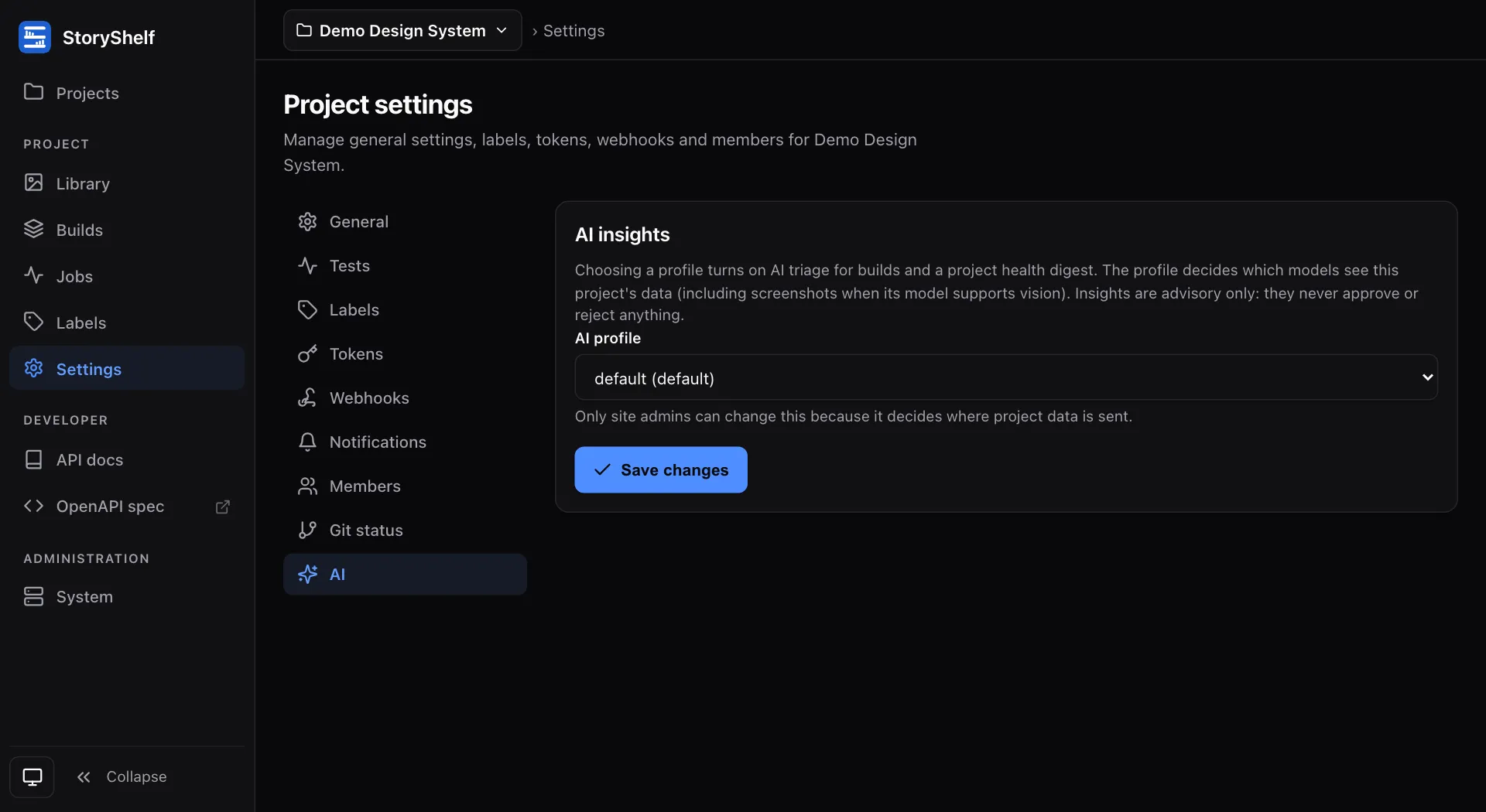 Project settings, AI tab: a select to choose the AI profile for the project