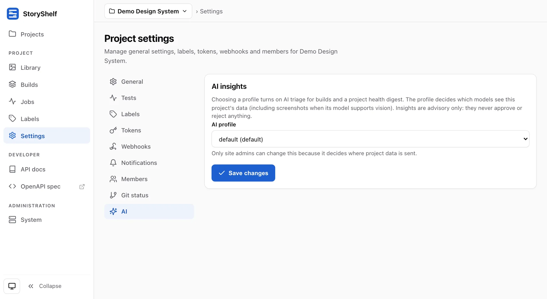Project settings, AI tab: a select to choose the AI profile for the project