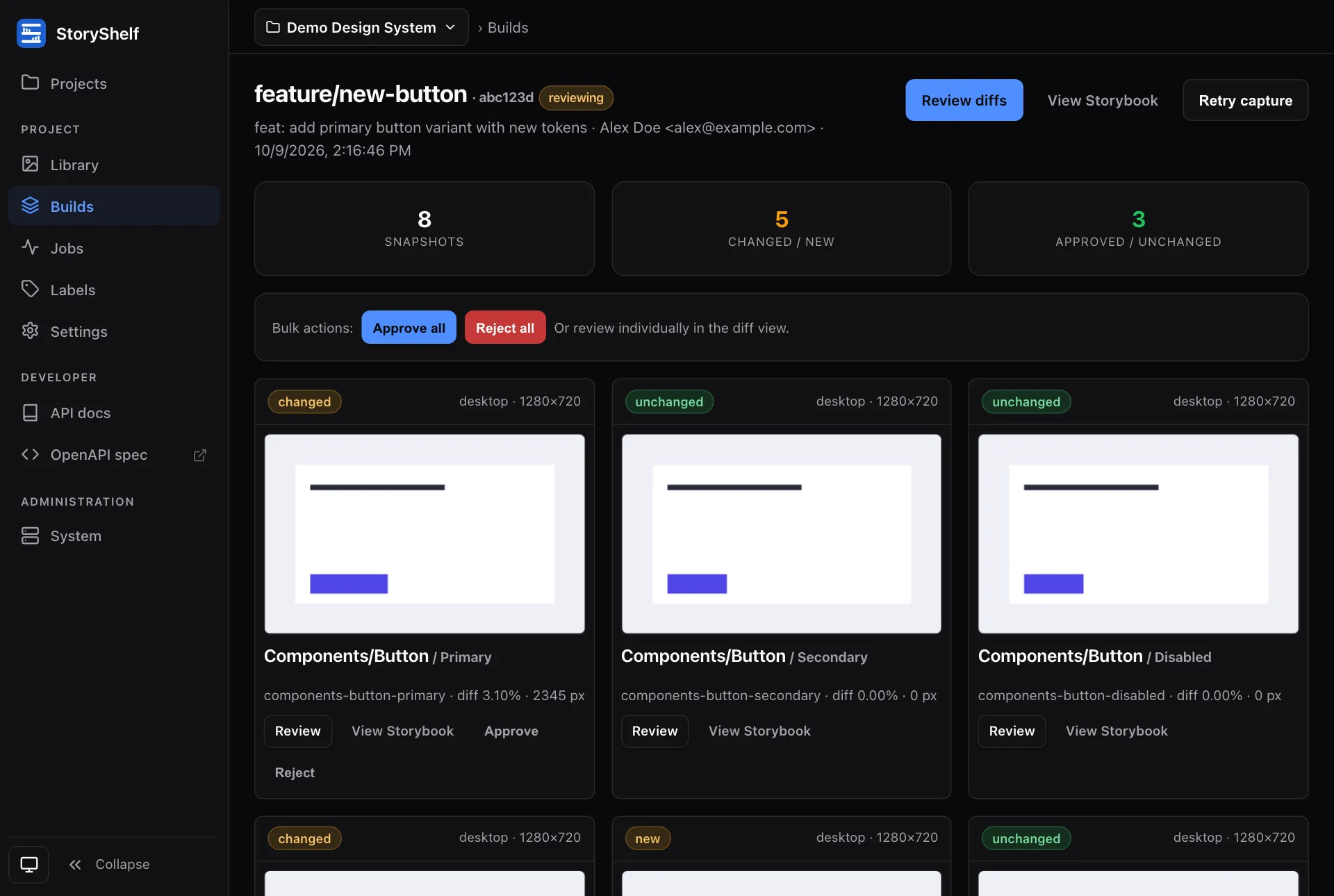 A build's overview: snapshot stats, bulk actions, and a card per snapshot