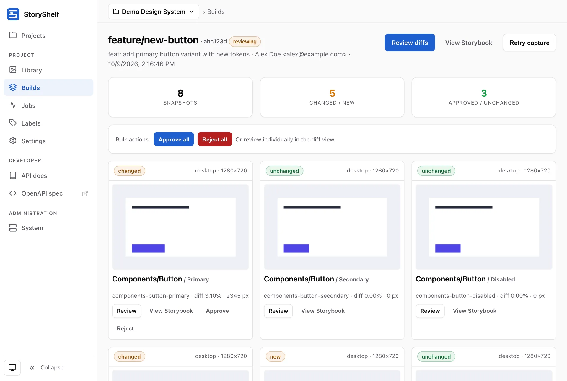 A build's overview: snapshot stats, bulk actions, and a card per snapshot
