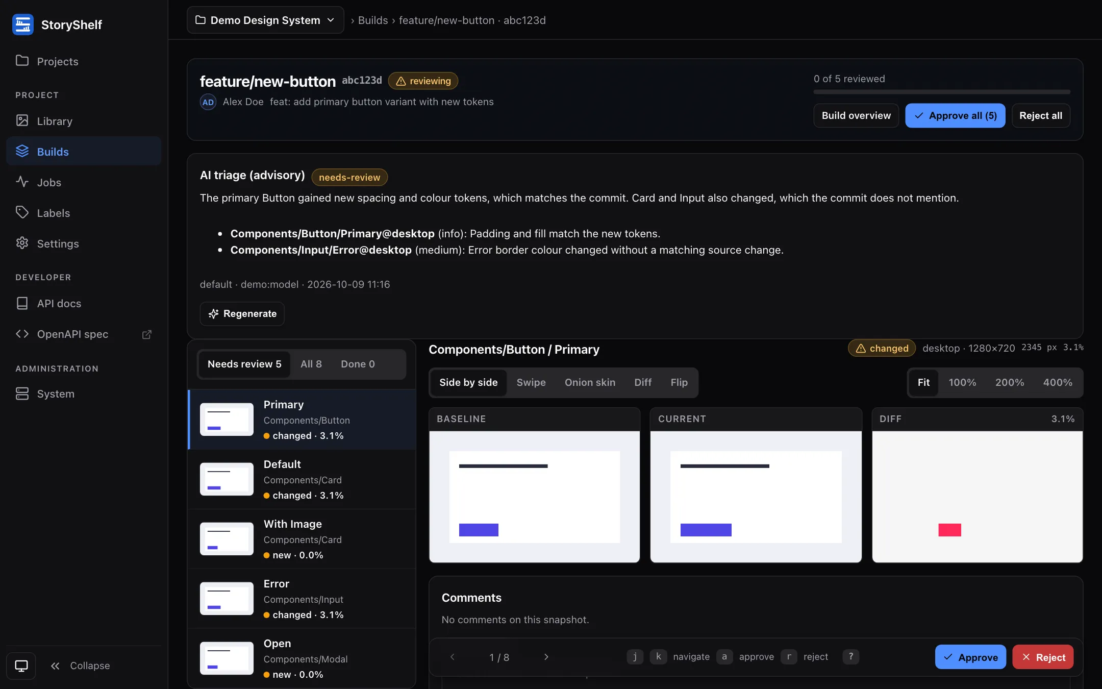 The StoryShelf review workspace showing a snapshot filmstrip and baseline, current and diff panes