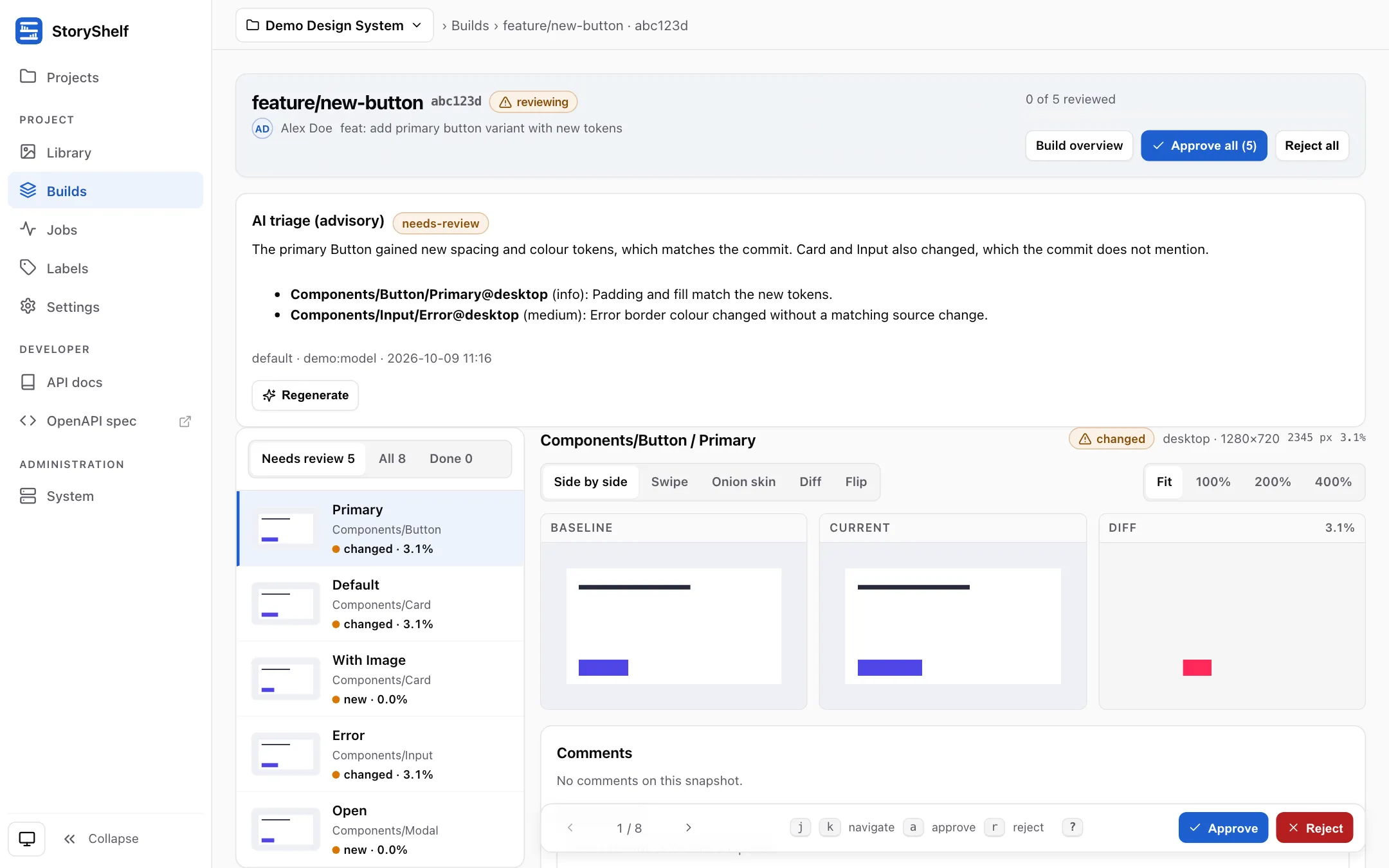 The StoryShelf review workspace showing a snapshot filmstrip and baseline, current and diff panes