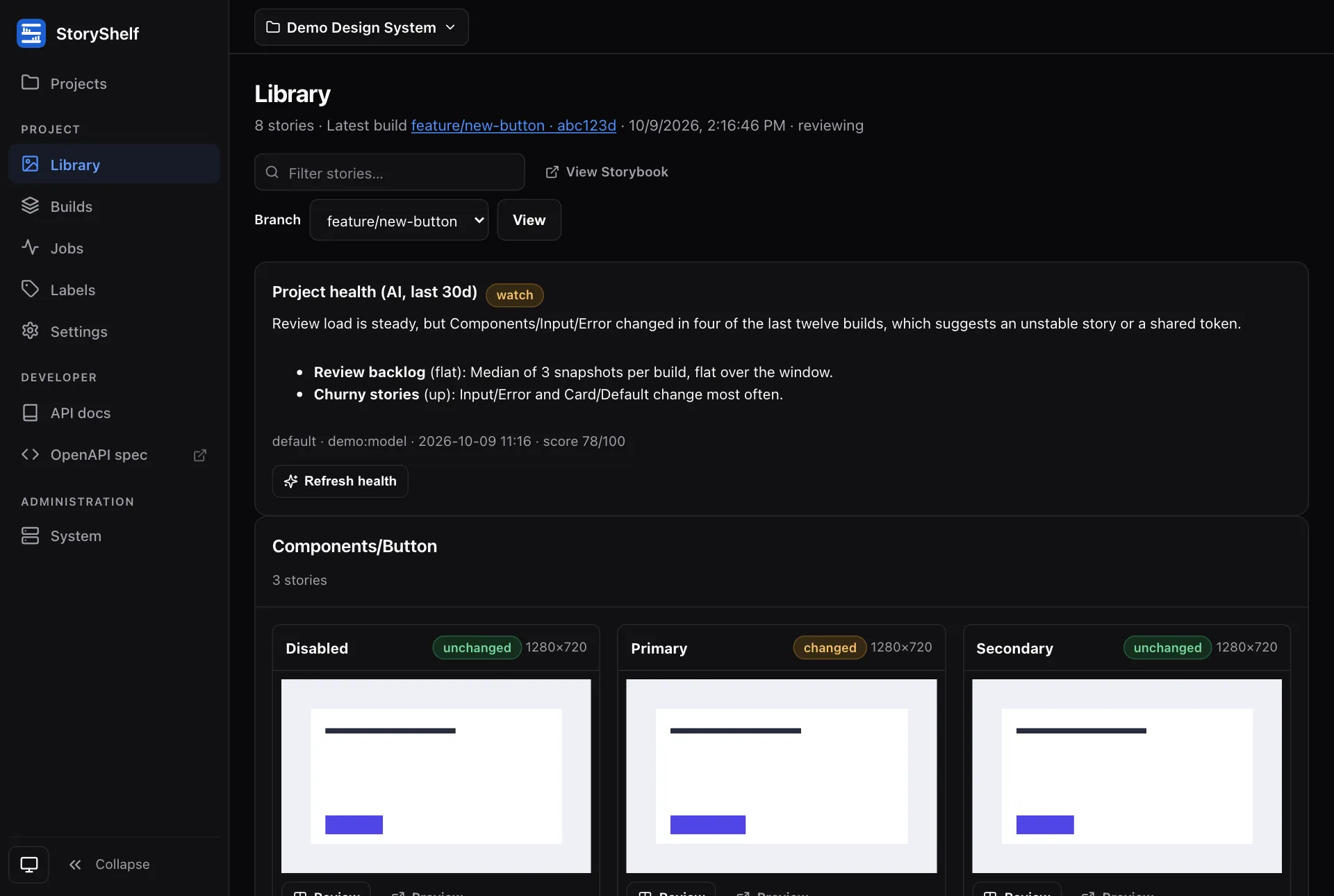 The story library: every story from a branch's latest build, with Review and Preview links