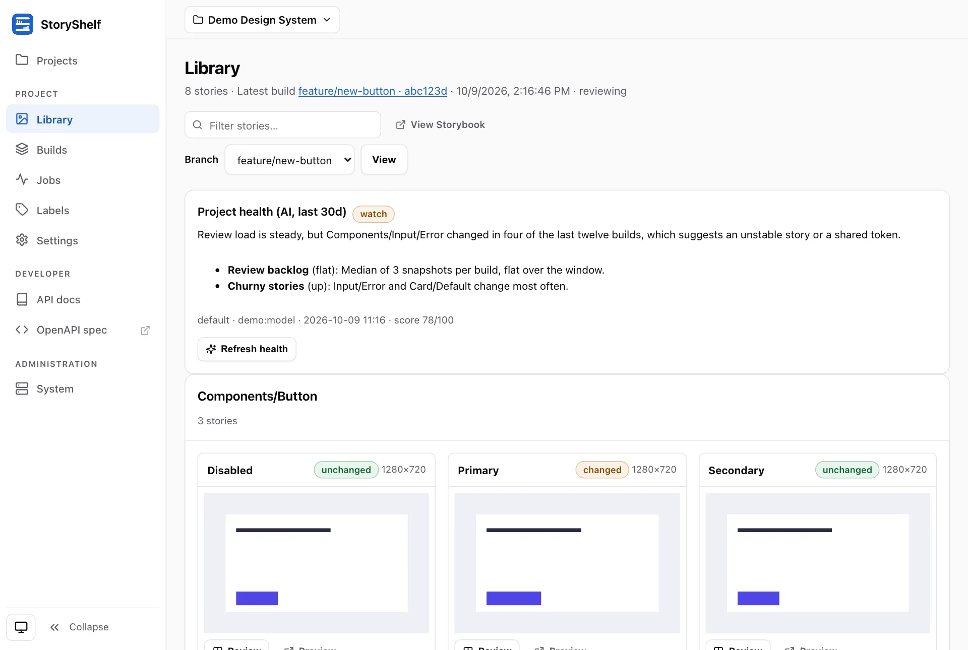 The story library: every story from a branch's latest build, with Review and Preview links