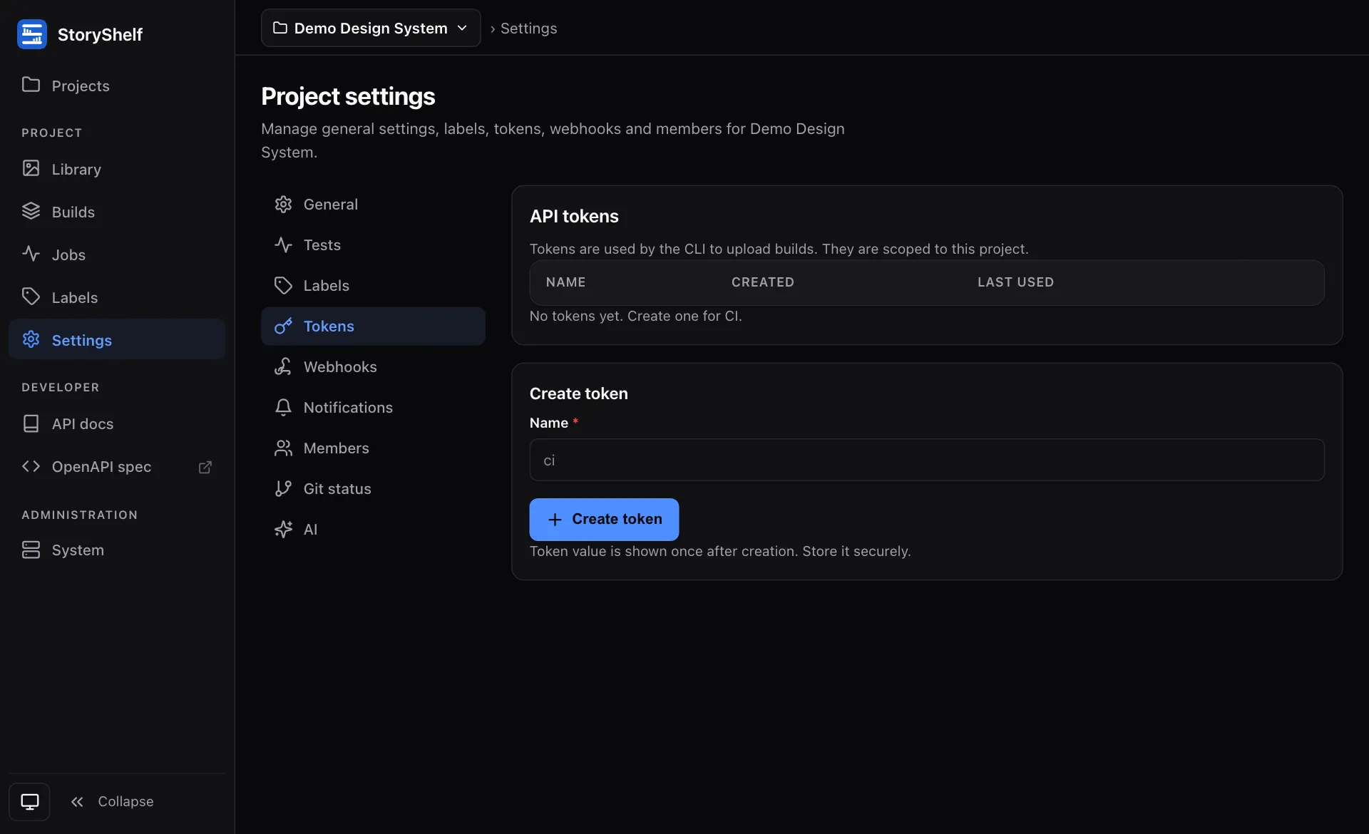 Project settings: a section list on the left and the API tokens form on the right