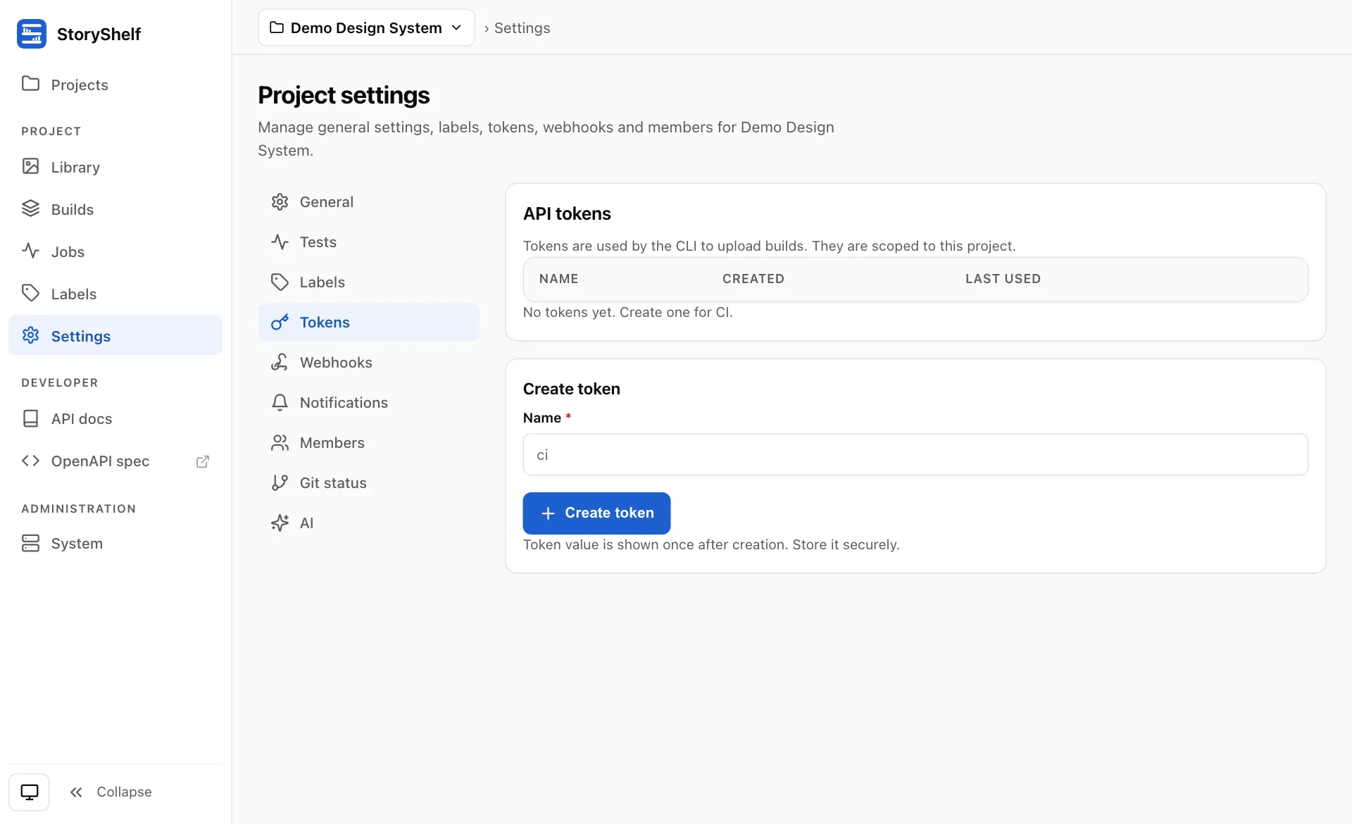 Project settings: a section list on the left and the API tokens form on the right