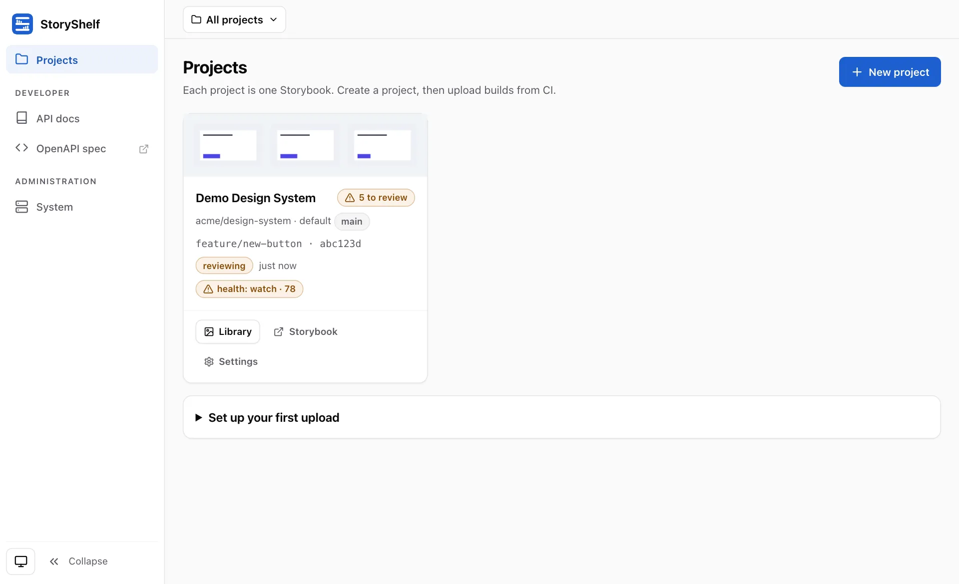 The projects overview: a card per project with its latest build and review backlog
